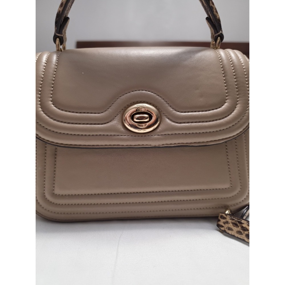 Coach Small Taupe Top Handle Satchel Crossbody, Gold Hardware, Snap Closure